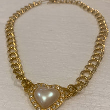 Load image into Gallery viewer, Vintage Jewelry Signed Avon Gold Tone Double Link Chain Pearl Heart Cabochon Pendant Necklace
