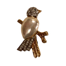 Load image into Gallery viewer, Vintage Huge Faux Pearl Belly Faux Pave Diamond Gold Tone Rhinestone Bird on Branch Brooch Pin
