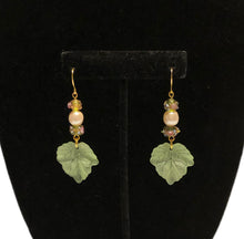 Load image into Gallery viewer, Handmade by Rose Green Leaf Vintage Faux Glass Baroque Pearl and Venetian Wedding Cake Floral Beaded Gold Tone Dangle Earrings
