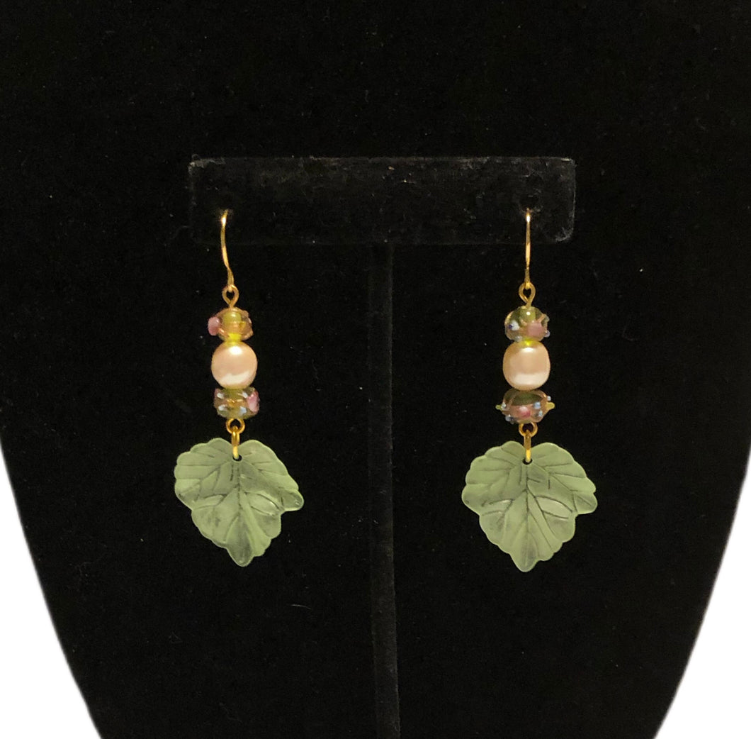 Handmade by Rose Green Leaf Vintage Faux Glass Baroque Pearl and Venetian Wedding Cake Floral Beaded Gold Tone Dangle Earrings