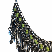 Load image into Gallery viewer, Vintage Jewelry Tribal Style Silver Tone Paddle Green Plastic Beaded Necklace
