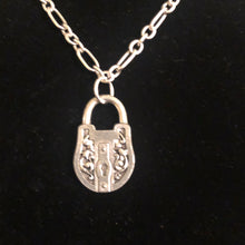 Load image into Gallery viewer, Handmade by Rose, Victorian Style Padlock Silver Pewter Bsue by 1928 Pendant on Handmade Vintage Chain
