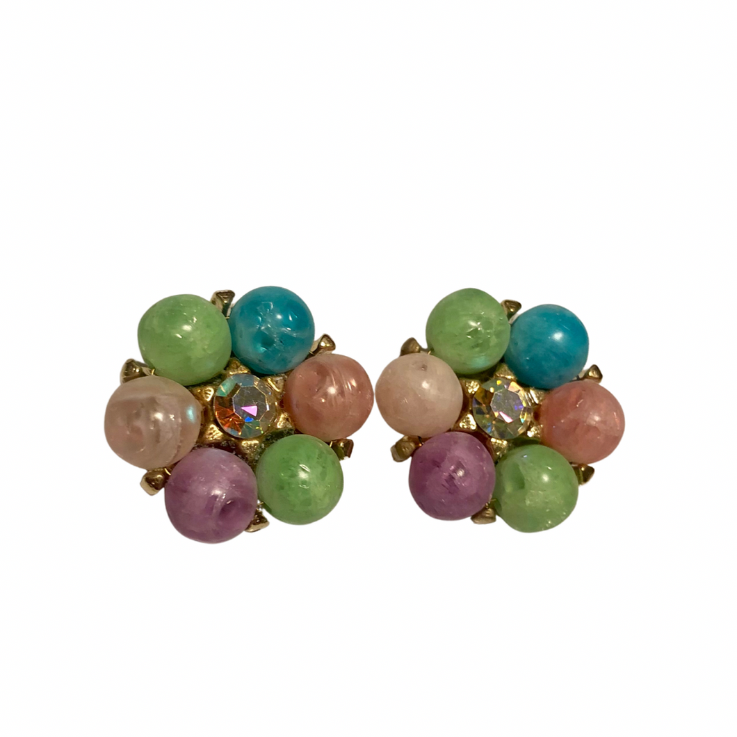 Vintage Jewelry Pink, Mauve, Purple, Blue, and Green Pastel Beaded Rhinestone Gold Tone Clip on Earrings
