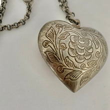 Load image into Gallery viewer, Vintage Silver Tone Floral Flower Filigree Heavy Etched Heart Pendant and Chain
