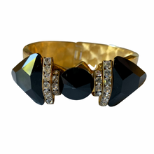 Load image into Gallery viewer, Vintage 1980’s Black Faux Onyx Gold Tone Rhinestone Bow Wide Hinged Bracelet
