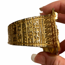 Load image into Gallery viewer, Vintage Jewelry Rare Egyptian Revival Heavy Gold Gilt and Silver Tone Scarab Beetle Hieroglyphic Hinged Cuff Bracelet
