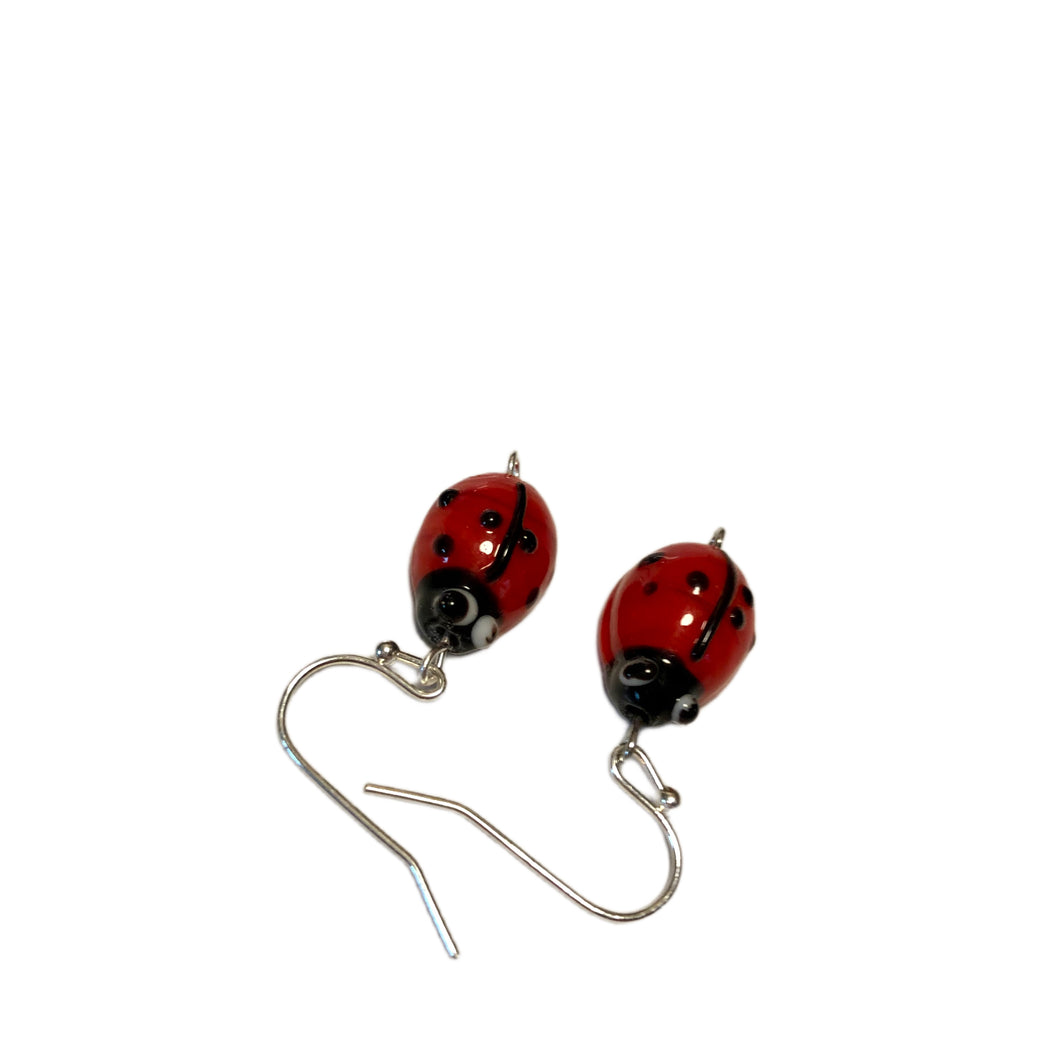 Handmade by Rose Lampwork Red and Black Ladybug Bug Insect Silver Tone Beaded Earrings