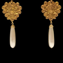 Load image into Gallery viewer, Handmade by Rose Art Nouveau Brass Lady Pearl Drop Green Floral Venetian Bead Long Earrings
