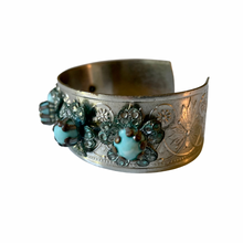 Load image into Gallery viewer, Vintage Middle Eastern Silver Tone Filigree Faux Turquoise Glass Bead Floral Metal Cuff Bracelet
