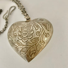 Load image into Gallery viewer, Vintage Silver Tone Floral Flower Filigree Heavy Etched Heart Pendant and Chain
