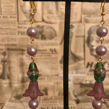 Load image into Gallery viewer, Handmade by Rose, Purple Lucite Bell Flower Pearl Dangle Vintage Venetian Green Floral Wedding Cake Bead Gold Earrings
