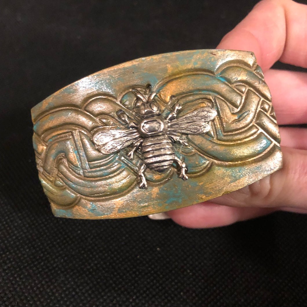 Artisan Art Nouveau Antique Style Textured Green and Gold Filigree Silver Bee French Hair Barrette