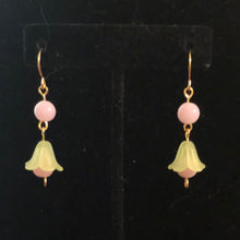 Load image into Gallery viewer, Handmade by Rose, Vintage Beads Yellow Pink Bell Flower Haskell Bead Pastel Gold Dangle Earrings
