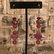 Load image into Gallery viewer, Handmade by Rose, Vintage Pink Mauve Purple Haskell Bead Heart Dangle Gold Plated Earrings
