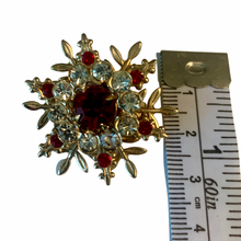 Load image into Gallery viewer, Vintage Jewelry Small Faux Ruby Red Gemstone Cabochon Gold Tone Rhinestone Brooch
