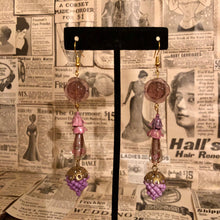 Load image into Gallery viewer, Handmade by Rose, Vintage Purple Pink Bell Floral Glass Flower Grape Cluster Gold Plated Earrings
