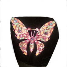 Load image into Gallery viewer, Vintage Joan Rivers Pink Enamel Plique a Jour Butterfly Swarovski Rainbow Rhinestone Brooch
