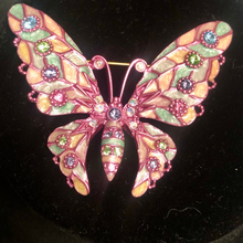 Load image into Gallery viewer, Vintage Joan Rivers Pink Enamel Plique a Jour Butterfly Swarovski Rainbow Rhinestone Brooch
