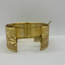 Load image into Gallery viewer, Vtg Signed Miriam Haskell Midcentury Gold Gilt Etched Floral Wide Hinged Cuff Bracelet
