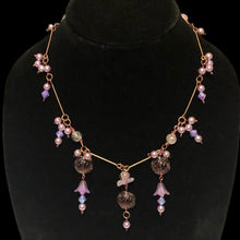 Load image into Gallery viewer, Handmade by Rose Vintage Copper and Purple Glass Rose Floral Bell Flower Necklace Earrings Beaded Jewelry Set
