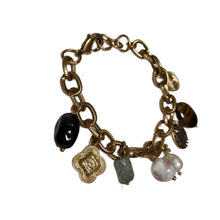 Load image into Gallery viewer, Vintage Jewelry Faux Pearl Tiger’s Eye Jade Brass Gold Tone Beaded Charm Bracelet
