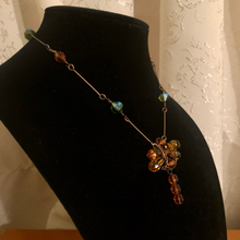 Load image into Gallery viewer, Handmade by Rose, Antique Style Orange Green Beaded Crystal Dragonfly Copper Necklace
