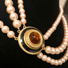 Load image into Gallery viewer, Vintage Jewelry Signed Richelieu Graduated Multistrand Faux Pearl Gold Onyx Tone Faux Amber Pendant Necklace
