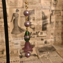 Load image into Gallery viewer, Handmade by Rose, Purple Lucite Bell Flower Pearl Dangle Vintage Venetian Green Floral Wedding Cake Bead Gold Earrings
