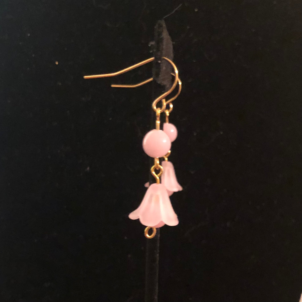 Handmade by Rose, Vintage Beads Pink Bell Flower Haskell Bead Pastel Gold Plated Dangle Spring Earrings