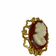 Load image into Gallery viewer, Vintage Jewelry Victorian Revival Large Cameo Gold Tone Filigree Brooch Pin
