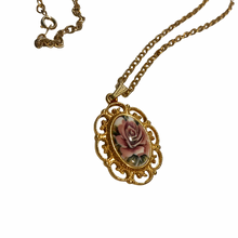 Load image into Gallery viewer, Vintage Jewelry Gold Tone Openwork Filigree Mauve Rose Floral Flower Pendant Necklace
