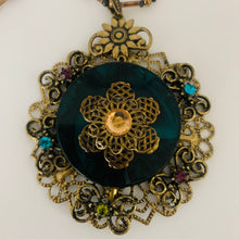 Load image into Gallery viewer, Vintage Brass Tone Dark Green Lucite Disc Brass Flower Filigree Bead Rhinestone Necklace
