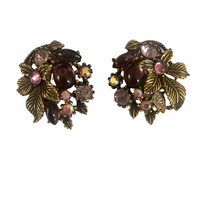 Load image into Gallery viewer, Vintage Jewelry Purple Lucite Cabochons Yellow Rhinestone Brass Tone Floral Flower Clip on Earrings
