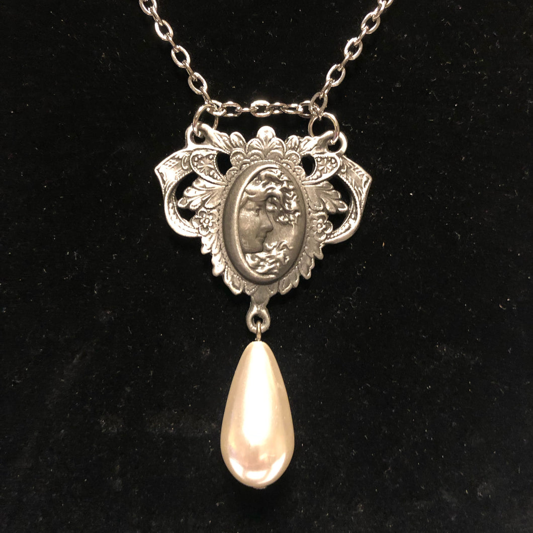 Handmade by Rose Art Nouveau Style Vintage Lady Filigree Silver Pendant Pearl Drop Necklace