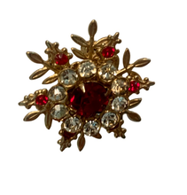 Load image into Gallery viewer, Vintage Jewelry Small Faux Ruby Red Gemstone Cabochon Gold Tone Rhinestone Brooch
