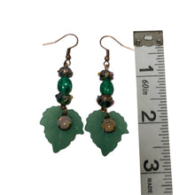 Load image into Gallery viewer, Handmade by Rose Green Leaf Vintage Glass Haskell and Venetian Wedding Cake Floral Beaded Copper Fire Opal Dangle Earrings
