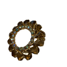 Load image into Gallery viewer, Vintage Czech Style Smoky Gray Rhinestone Gold Circular Wreath brooch with Rainbow Aurora Borealis AB Crystal accents
