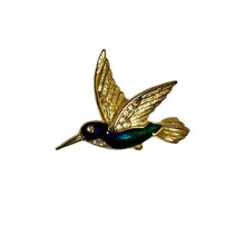 Load image into Gallery viewer, Vintage Jewelry Blue and Green Sparkling Enamel Rhinestone Hummingbird Gold Bird Brooch Pin
