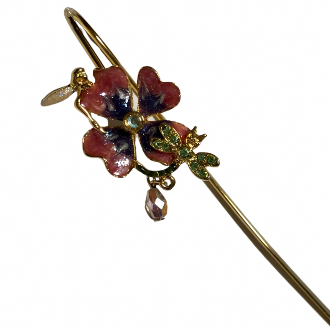 Vintage Kirks Folly Fairy Dragonfly Pansy Enamel Flower Crystal Hair Jewelry Accessory Bun Holder Chopstick