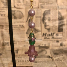 Load image into Gallery viewer, Handmade by Rose, Purple Lucite Bell Flower Pearl Dangle Vintage Venetian Green Floral Wedding Cake Bead Gold Earrings
