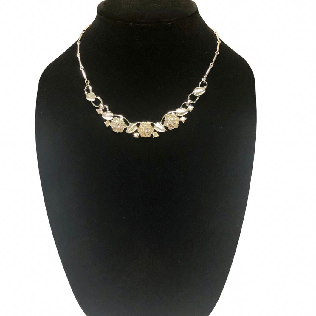 Vintage Coro Demi Parure Clear Floral Flower Rhinestone Bling Silver Tone Leaf Necklace & Screwback Earrings