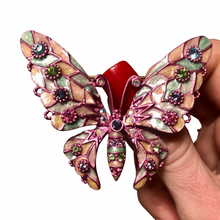 Load image into Gallery viewer, Vintage Joan Rivers Pink Enamel Plique a Jour Butterfly Swarovski Rainbow Rhinestone Brooch
