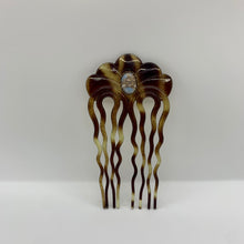 Load image into Gallery viewer, Vintage Faux Tortoiseshell 4” Decorative Hair Comb Brown Yellow Blue Moonstone Accent Gem
