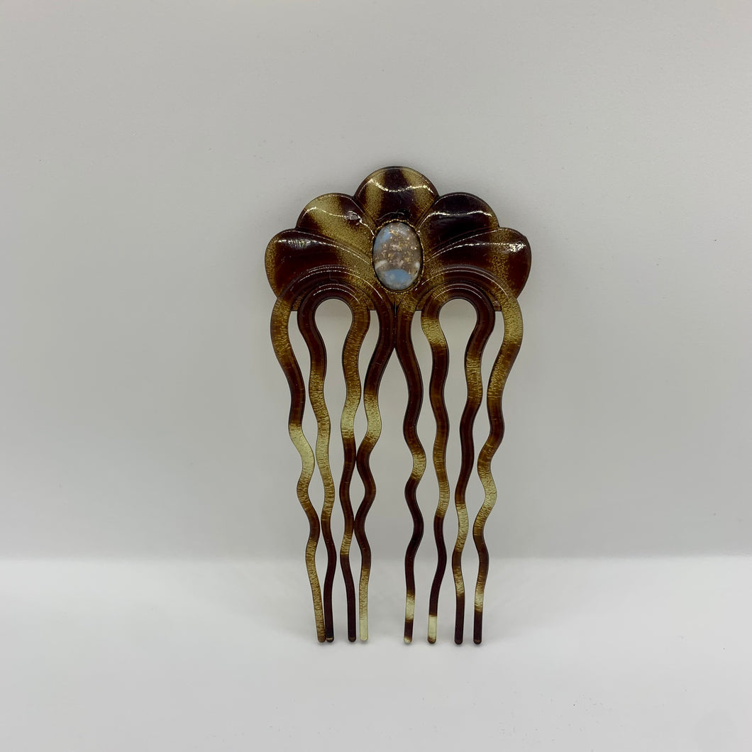 Vintage Faux Tortoiseshell 4” Decorative Hair Comb Brown Yellow Blue Moonstone Accent Gem