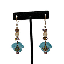 Load image into Gallery viewer, Handmade by Rose Teal Leaf Vintage Baroque Glass Pearl and Purple Venetian Wedding Cake Floral Beaded Copper AB Charm Dangle Earrings
