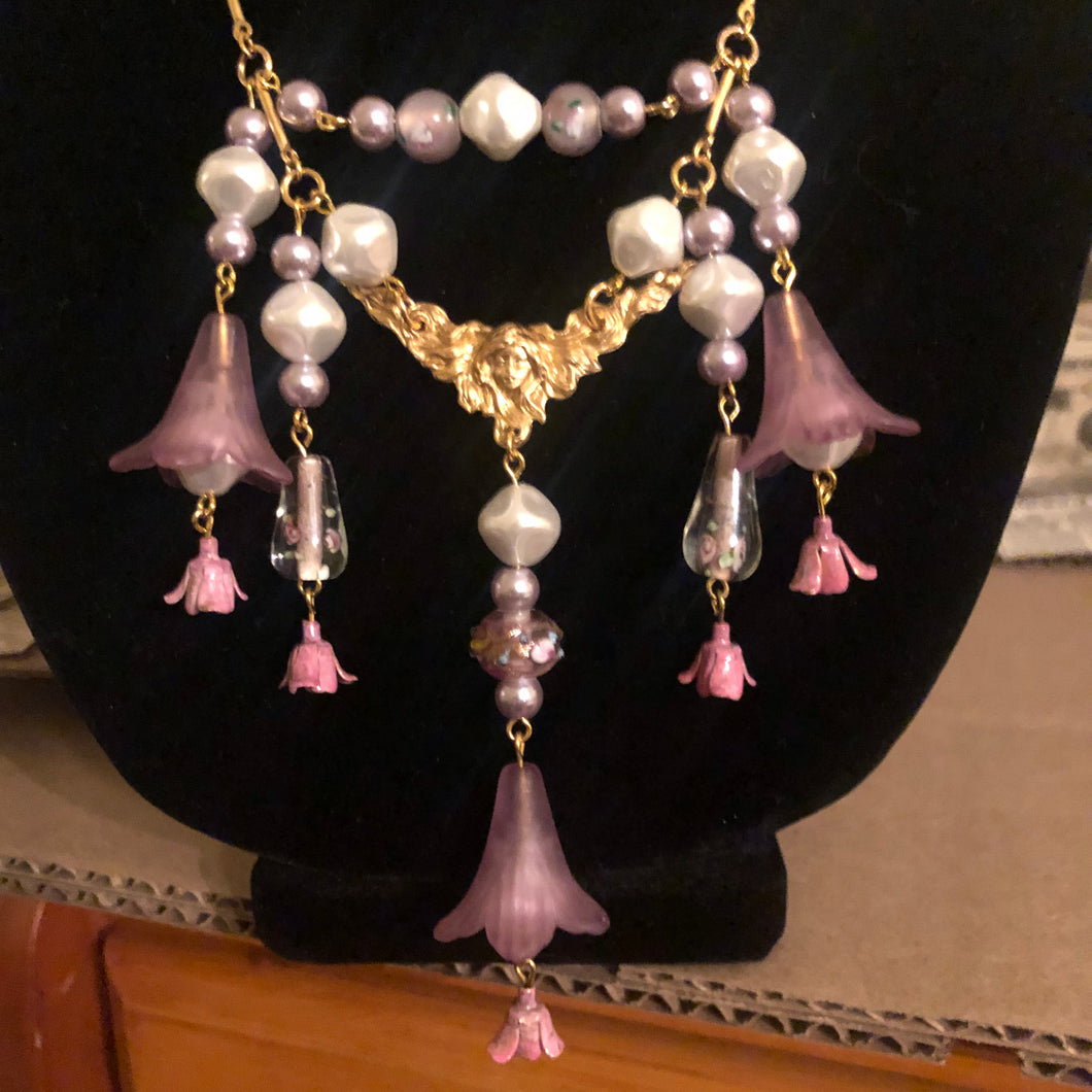 Handmade by Rose, 14K Gold Plated Art Nouveau Style Angel, Pearl, and Purple Bell Flower Necklace