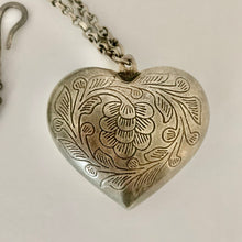 Load image into Gallery viewer, Vintage Silver Tone Floral Flower Filigree Heavy Etched Heart Pendant and Chain
