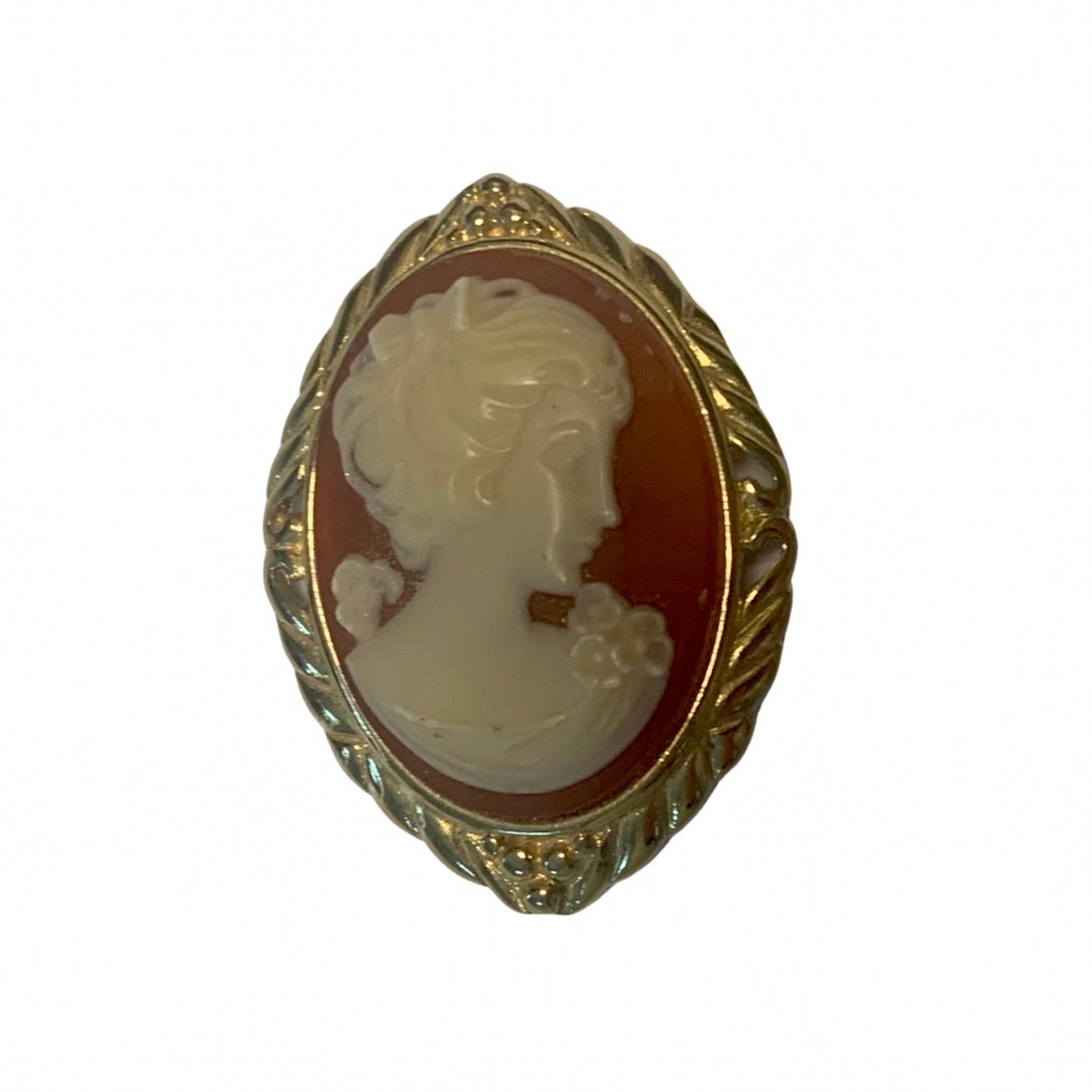 Vintage Jewelry Signed Trifari Gold Tone Faux Shell Carved Cameo Pendant Brooch