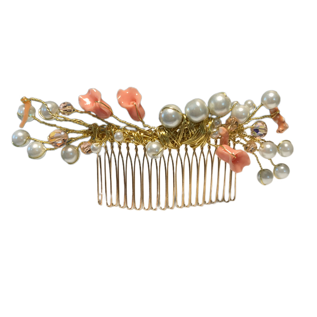 Handmade by Rose Pink Italian Branch Coral Reef Calla Lilly Flower Peach Crystal Faux Pearl Wedding Bridal Gold Hair Comb