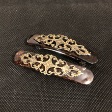 Load image into Gallery viewer, Vintage Hair Accessory Set of Two Brown Faux Tortoiseshell and Gold Tone Filigree Hair Barrettes
